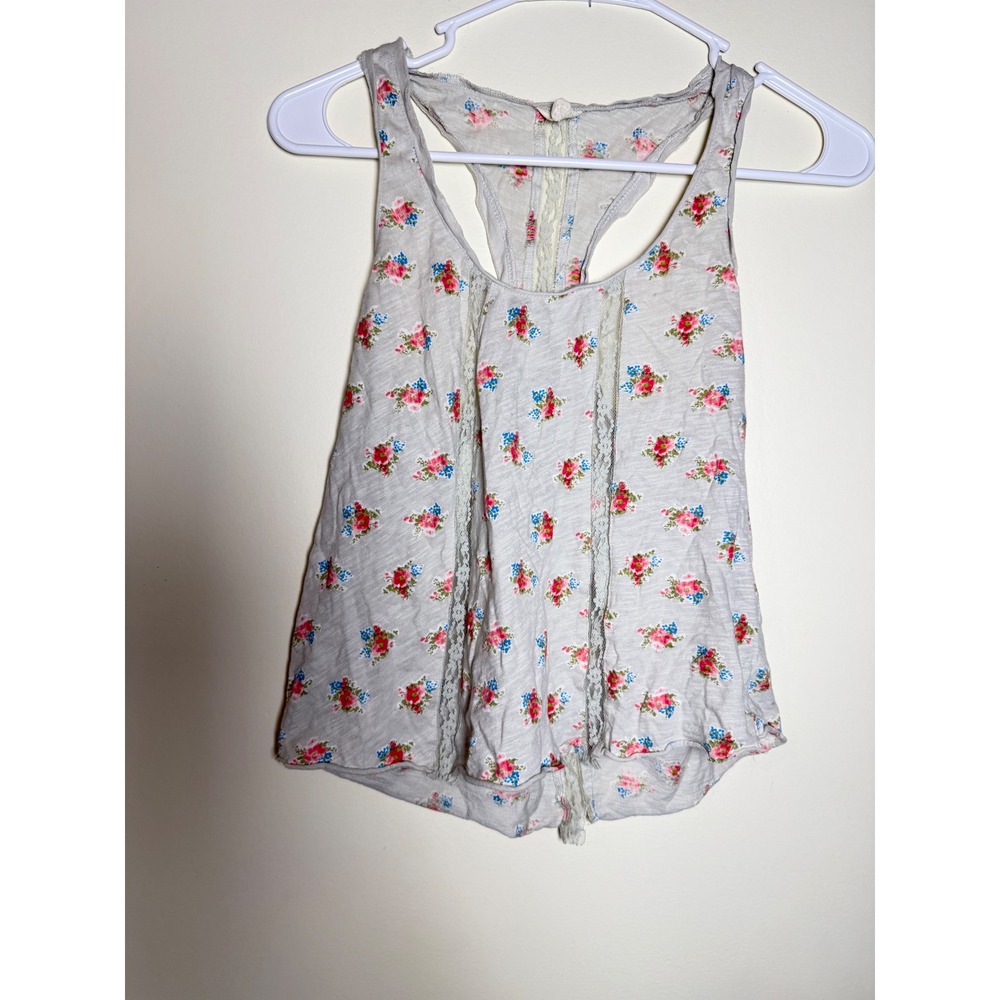 Aerie Floral Racerback Tank Top Gray Lace Trim Boho Sleeveless Shirt XS